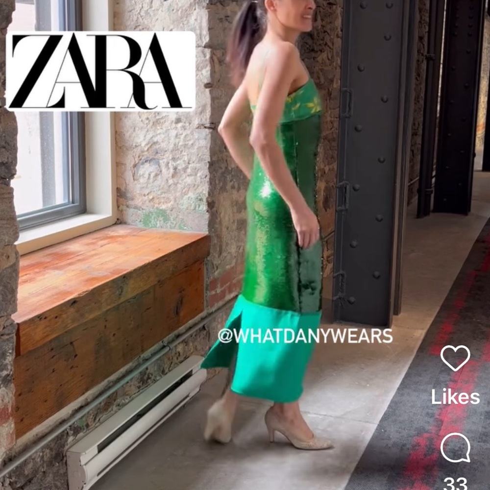 Zara Green Sequin & Teal Colorblock Midi Dress - Picture 8 of 14